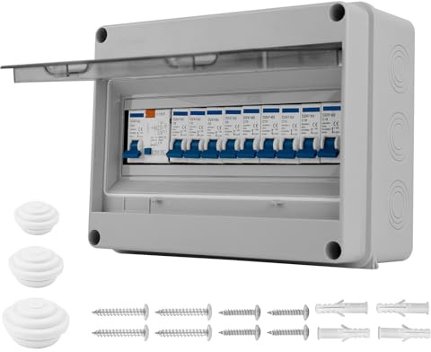 consumer unit 9-Way Circuit Breaker, IP65 Protection, Anti-Leakage Fuse Box (4x10A+3x16A+2x20A) for Garages and Outbuildings