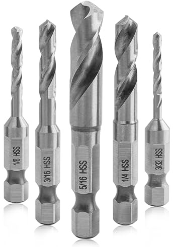 Mesee 5 Pieces Stubby Drill Bit Set 1/4 Hex Shank Quick Change Stubby Bits 3/32 1/8 3/16 1/4 5/16 SAE Sizes HSS Drill Bits Twist Drive Bit for Metal Wood Plastic