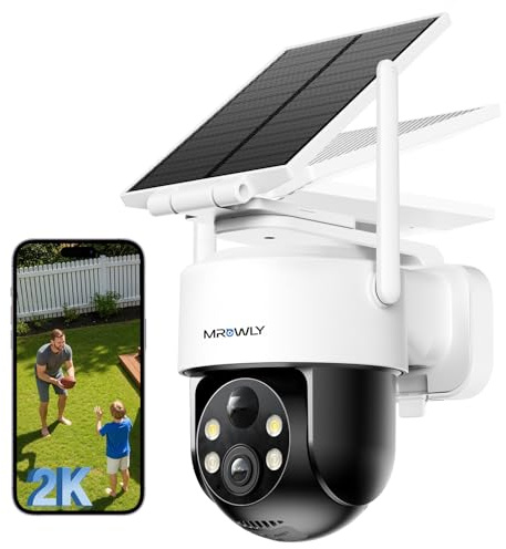 Mrowly 2K Camera Surveillance WiFi Exterieure sans Fil Batterie avec Panneau Intégrée/Amovible, Camera Solaire Exterieur 2,4GHz, 360° PTZ, Détecteur PIR, Vision Nocturne Couleur, Audio Bidirectionnel