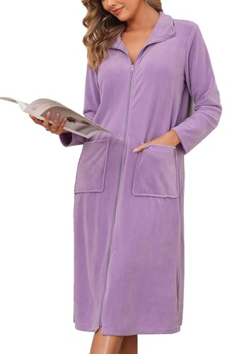 Viakeo Fleece Bademantel für Damen Reißverschluss Nachtkleid Lang Bathrobe Leichtgewicht Hausmantel mit Taschen S-3XL