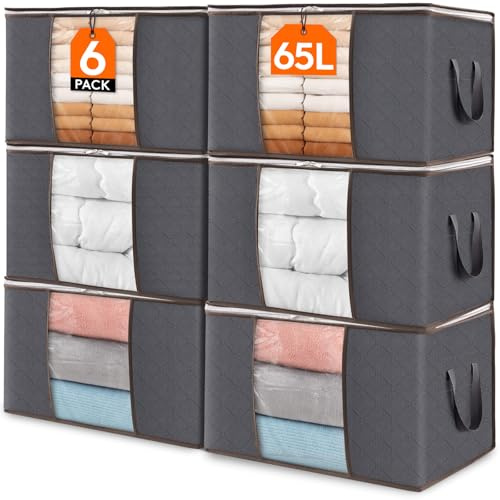 Lifewit Scatole per Vestiti, Organizer Armadio Salvaspazio, Scatole Armadio e Lenzuola con Manici Rinforzati e Finestra Trasparente, Contenitori Sottoletto, Grigio, 65L, 6 Pezzi