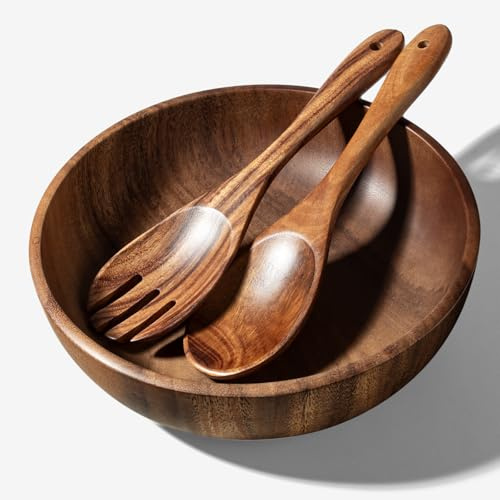 Guolich Cuenco Redondo de Madera de Acacia, Ideal como Ensaladera, Cuenco para Mezclar, Frutero o Cuenco para Pan, Diámetro de 23,7 cm, Utensilios de Cocina, Perfecto para Cocina, Picnic y Fiesta