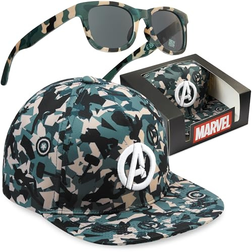 Marvel Avengers Kids Baseball Cap & Sunglasses with UV Protection, Adjustable Sun Hat, Gifts for Boys, Ages 6–14 (Camo Avengers)