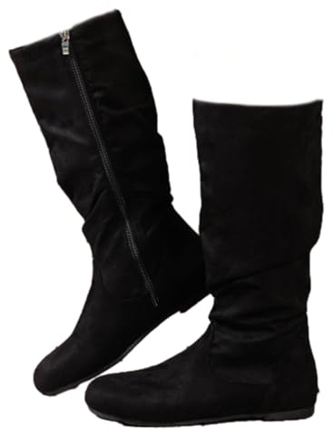Bottes plates à talon bas pour femme - Antidérapantes - Confortables - En daim - Avec fermeture éclair latérale - Automne et hiver, Noir , 40 EU