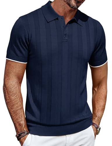 COOFANDY Polo Hombre Manga Corta de Punto Camisetas Verano Casuales Polo de Golf Regular Fit Tshirt Basicas Azul Marino L