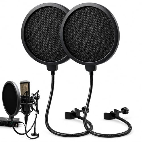 2PCS Professional Microphone Pop Filter Mask Shield, Dual Layer Pop Shield with Flexible Gooseneck Clamp, Universal Pop Filter for Microphone Recording and Podcast Use with Adjustable Mic Screen