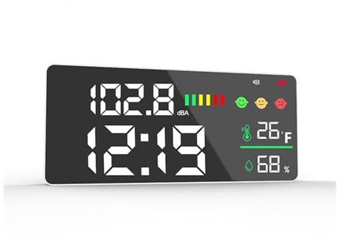 Fonometro, Misuratore acustico digitale Decibel USB Rilevatore di rumore intelligente montato a parete for vicini 30-130 dB Display a LED for temperatura e umidità Monito(With Clock-01)