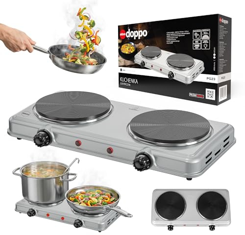 Doppelkochplatte 2000W, Elektrische Kochplatte 2 Platten, Tragbare Kochplatte mit Temperaturregelung, Camping Kochfeld 2 Kochzonen 15,5 cm, Kontrollleuchten, Rutschfeste Füße, Silber, PG23 Eldom