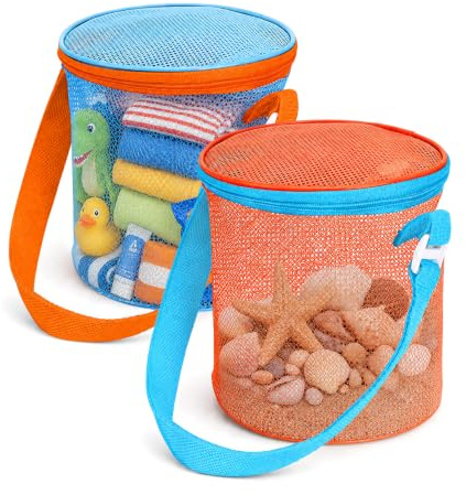 2 Piezas Bolsa Juguetes Playa Malla 15 X 17 CM,Bolsa de Rejilla para Juguetes de Playa,HMCEY Bolsas Red para Playas,Bolso Organizador Juguete con Tirantes Ajustables y Cremalleras para Conchas, Ropa