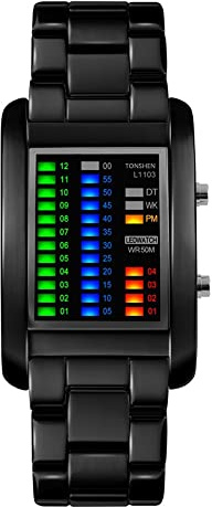 Sport Digital Binäre Uhr 50M Wasserdicht Einzigartige Design Cool Uhren Rechteck Lünette Edelstahl Armbanduhr 4 Farbe LED Licht Kalender Woche Mode Creative Kleidung Uhren für Herren Damen (Schwarz)