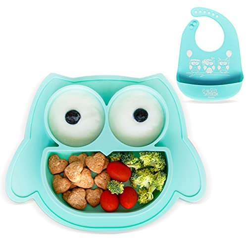 Brunoko Baby tallrik sugpropp + Haklapp bebis 2 IN 1 Set - Baby tallrik silikon + Haklapp silikon - Baby tallrik set BPA-fri silikonskålar - Baby tallrik sugpropp + Mjuk haklapp - Designad i Spanien
