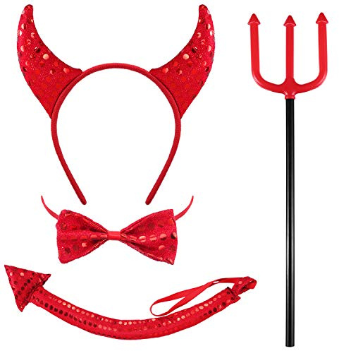 WILLBOND 4 Pieces Sequin Devil Costume Set - Halloween Horn Headband, Glittery Tail, Red Bowtie, Fork - Costume Accessories