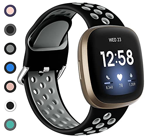 Dirrelo Kompatibel mit Fitbit Versa 4/3/Sense 2 Armband - Damen Herren, Sport Silikon Atmungsaktiv Ersatzarmband Uhrenarmband, L Schwarz/Grau