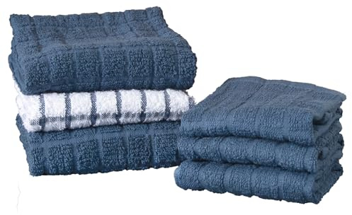 Ritz Premium Kitchen Towel and Dish Cloth Value Set: Highly Absorbent, Super Soft, Long-Lasting, 100% Cotton Checked and Solid Hand Towels, Tea Towels, Bar Towels - 6 Pack, Federal Blue