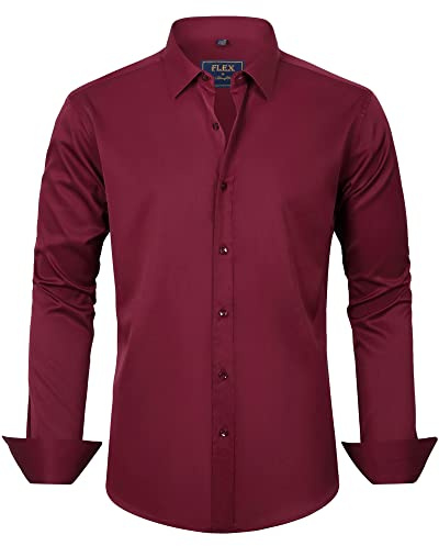 J.VER Men's Dress Shirts Solid Long Sleeve Stretch Wrinkle-Free Formal Shirt Business Casual Button Down Shirts Burgundy Medium