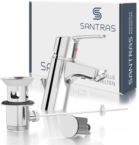 SANTRAS® Waschtischarmatur für das Bad mit Exzenter Ablaufgarnitur und Zugstange in Chrom – Einhebel-Mischarmatur warm kalt für ein Loch Waschbecken Wasserhahn MADE IN GERMANY