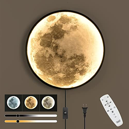 LED Wandleuchte 60cm Mond Dimmbar mit Fernbedienung 36W Wandlampe mit Schalter und Stecker, Modern Art Deco Mond Lampe Wand Wohnzimmerlampe Innen groß Vollmond Wandbeleuchtung Dekoration Deckenlampe