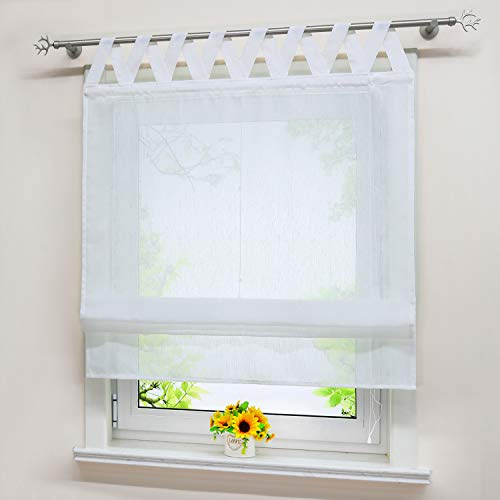 Heichkell Transparentes Raffrollo mit V-Schlaufen Moderne Raffgardine in Leinen-Optik Unifarbige Gardine mit Schlaufen Weiß HxB 140x120cm