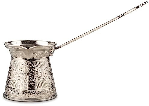 Alisveristime Authentische türkische Kaffeekanne, handgefertigt, Cezve/Ibrik, 8,9 cm breit, 8,9 cm hoch, 384 ml, verbessern Sie jetzt Ihr Kaffee-Erlebnis. (4 Tassen) (Silber)
