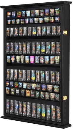 ARRAWIS 144 Shot Glass Shotglass Shooter Display Case Holder Cabinet Wall Rack Lockable Door (Black)