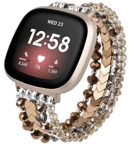 VISOOM Perlenarmband Kompatibel mit Fitbit Versa 4/Sense 2/Versa 3 Armband Damen, Beaded Boho Schmuck Ersatzband Mode Fitbit Sense Armbänder- Kaffee