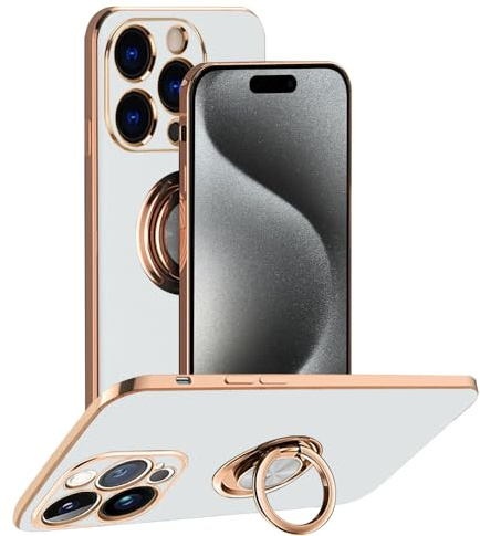 Rdyi6ba8 Custodia per iPhone 15 Pro, Ultra Sottile Morbida TPU Silicone Placcato Case 360° Regolabile Anello Magnetica Supporto Ring Cover per iPhone 15 Pro - Bianco