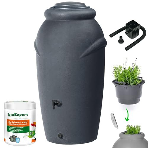 Water Butt with Tap Kit 210L - Rainwater Collector with Tap, Diverter And Bio Cleaner - Decorative Anthracite Water Tank Amphora-Shaped for Gardens, Terraces - Collect and Promote Plant Growth