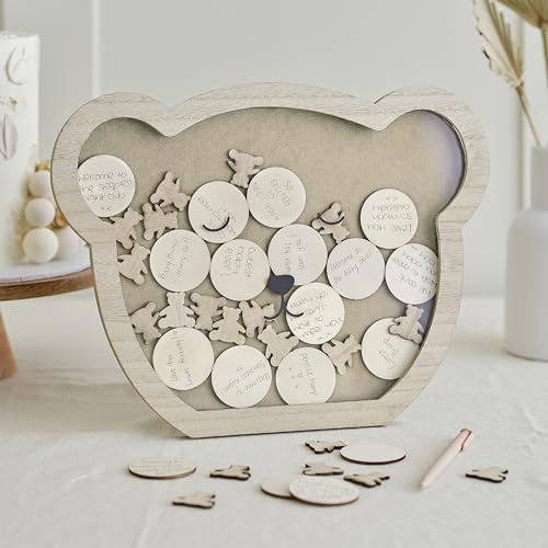 Ginger Ray Teddy Bear Shaped Baby Shower Drop Top Frame Alternative Guest Book with 32 Wooden Tokens