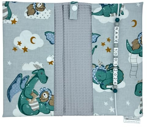 Große Windeltasche für unterwegs mit Namen personalisiert - für Mädchen und Jungen - Wickeltasche mit Waffelpique - Drache mit Bär grau grün