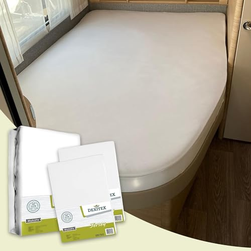 Dexitex - Spannbettlaken Wohnmobil 3er Set - 2 Spannbettlaken Weiß + 1 Matratzenschoner Ecke Rechts (125-155cm x 200cm)- Französische Betten - für Wohnmobil Bett - Rechts -Weiß