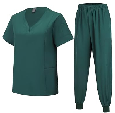 Meichoon Nurse's Uniform Set Lightweight V-Neck Top with Elastic Pants Natural Skin-Friendly for Men and Women DK06 Dark Green Small