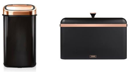 Tower T80904RB Kitchen Bin with Sensor Lid, Automatic Soft-Close, Manual Override, 58 Litre, Black & T826130BLK Cavaletto Bread Bin with Removable Lid, Large Capacity, Durable Steel Body, Black