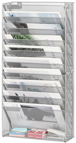 Solinxe Zeitungshalter Wand mit 10 Etagen Metall Zeitungsständer Hängeregister Wandablagefächer A4 Papier Dokumentenablage Büro Schule Ablage Organizer, Silber