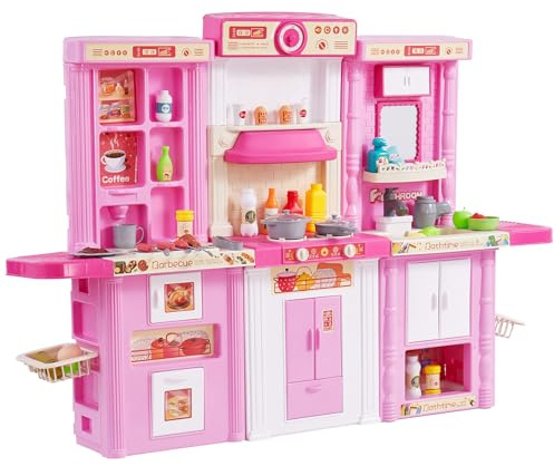 VEVOR Set da Cucina per Bambini 3-8 Anni, Cucina per Bambini 3 in 1 con Spruzzatore Simulato, Suoni e Luci, con Set di Accessori da Cucina 74 Pezzi per Bambini Piccoli, Bambini in Età Prescolare, Rosa