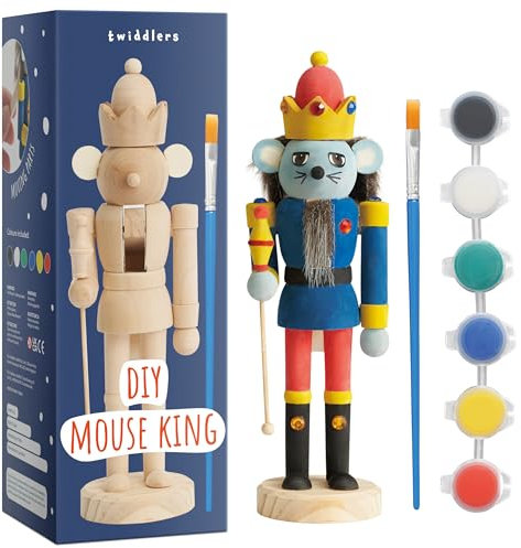 THE TWIDDLERS - Pinta tu propio Rey Ratón Soldado Cascanueces de madera, 20cm - Kit de bricolaje hecho a mano, Adorno tradicional de Rey Ratón de madera de pino, Decoración navideña con piezas móviles