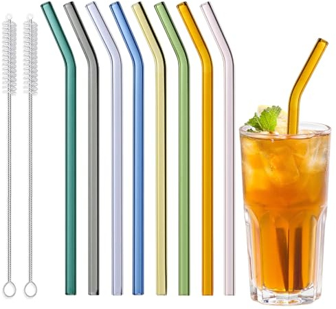 Wiederverwendbare Glas-Trinkhalme, mehrfarbig, mit 2 Bürsten, gebogene Glas-Trinkhalme, umweltfreundlich, ungiftig, ideal für Smoothies, Milchshakes, 8 Stück