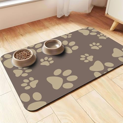Hearda Futtermatte Hund rutschfest, Hundepfote Drucken Napfunterlage Hund Saugfähig Katzen Futternapf Unterlage Schnelltrocknend Unterlage Katzennapf Futternapf Matte (50x80cm,Kaffeefarbe)