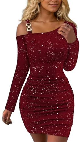 EMOTTOS Damen Sexy Pailletten Minikleid, Ausgehkleider Schulterfrei Quadratische Schnalle Abgeschrägte Schultern Wickelkleid, Unten Taille Falte Slim Fit Bodycon Enge Partykleid, Schwarz, S-XL
