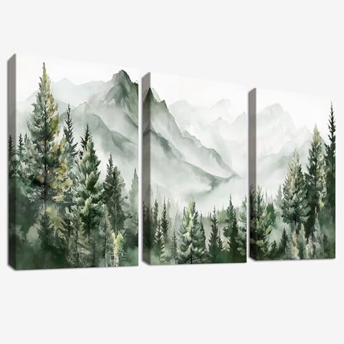 3Pcs Aquarell Bergkette Mit Rahmen Leinwand Bilder Grüner Wald Baum Bild auf Leinwand Malerei Modern Wilderness Waldland Wandbilder Wohnzimmer Schlafzimmer Badezimmer Wanddeko 90x40cm (12x16x3pcs)