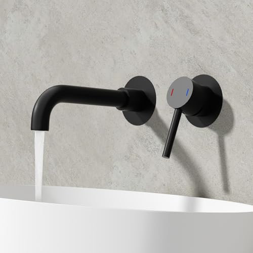 ROVOGO Black Wall Mounted Basin Mixer Tap for Bath or Tub with Concealed Stainless Steel 304 Body, 2-Hole Bathroom Basin Mixer Tap with 360 Degree Rotatable Spout, Single Lever Bathroom Sink Faucet