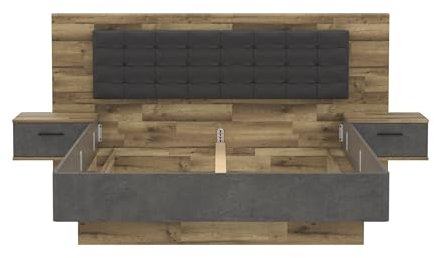 Bettgestell >RICCIANO< Das Bettgestell RICCIANO in Stabeiche und Betonoptik Dunkelgrau bietet eine Liegefläche von 180x200 cm, schwebende Nachtkonsolen und ist bis 250 kg belastbar.