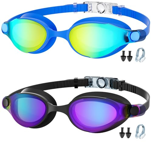 Priksia Swimming Goggles Adult, 2 Pack Swimming Goggles Kids 6-14, Anti Fog UV Protection No Leaking Clear Vision For Women Men Youth(Black + Blue)