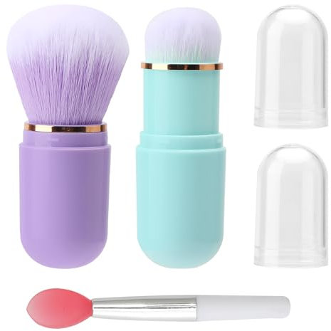 APOMOONS 2 pezzi pennello fondotinta, pennello blush con 1 pennello per labbra in silicone, pennello cipria pennello retrattile pennello per cipria, portatile mini pennello per fondotinta in polvere