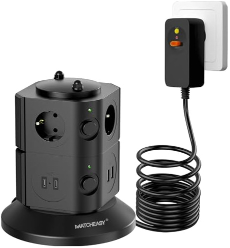MATCHEASY Steckdosenleiste mit FI-Schutz, Steckdosenturm mit PRCD-Stecker (4000W/16 Ampere), Mehrfachsteckdose Überspannungsschutz mit 6 Schuko, 4 USB, 2m Kabel für Haushalt Homeoffice Garten