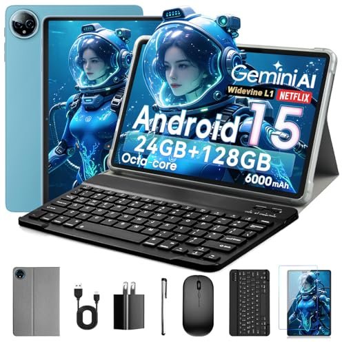 Aobante Android 15 Tablet 10 Zoll, 24GB RAM + 128GB ROM (1TB Erweiterbar), Octa-Core, 1280x800 IPS HD Touchscreen, 5MP+8MP Dual-Kamera, 6000 mAh, Mit Tastatur, Maus, Widevine L1 (Blau)，Gemini AI
