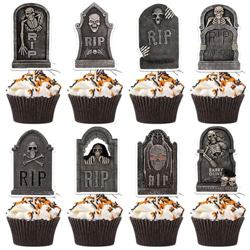 DazzJoy 24 Stück Tortendeko Halloween Grabstein, Halloween Deko Kuchen Grabstein Toppers, Horror Deko Cupcake Topper Grabsteine, Kuchen Muffins Deko Grabsteine Skeleton für Grusel Themed Party