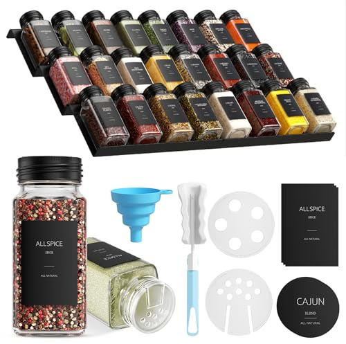 BugyKido Gewürzregal Schublade mit Regal 24 x 120ml, 372 Gewürzetiketten, Gewürz Organizer 48 Doppeldichtung Filterdeckel, 30-60cm Verstellbar Regal, Trichter und Reinigungsbürste