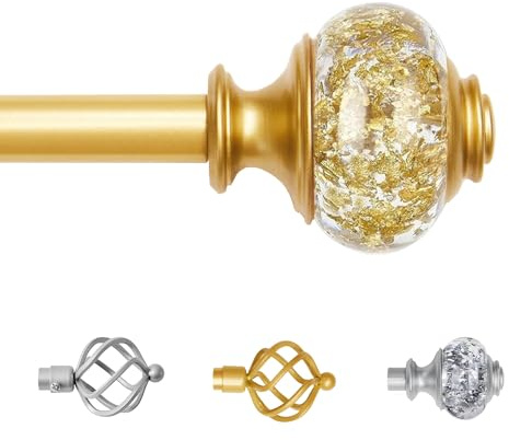 Sharpliving Gold Splicing Curtain Poles with Brackets 122 to 214 cm Long, 1 Set Heavy Duty Eyelet Curtain Pole with Decorative Glittering Golden Foil Finial for Patio Door, Living Room, Bedroom