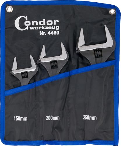 CONDOR Werkzeug 4460 | Rollgabelschlüssel-Satz Engländer Werkzeug Set | 3-teilig | gummierter Griff | Spannbereiche 36-51 mm | verstellbarer Schraubenschlüssel | mit Skala und Aufhängeloch