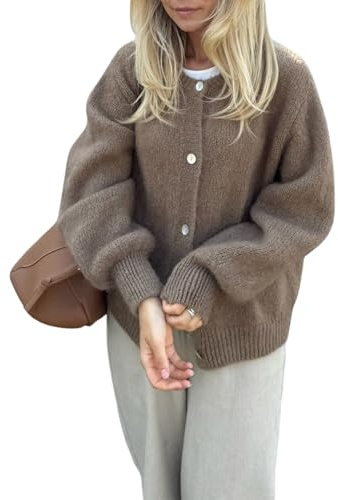 YILEEGOO Womens Chunky Knit Cardigan Lantern Sleeve Button Down Crew Neck Sweaters Jumper Tops Fall Winter Loose Fuzzy Jacket Coats Outerwear (Khaki, S)